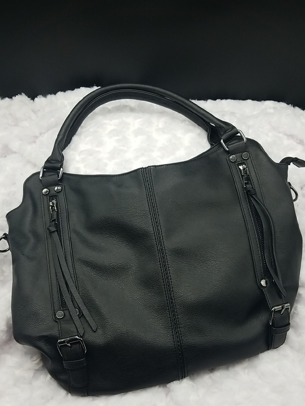 Realer Black Faux Leather Hobo Shoulder Bag with Adjustable Shoulder Strap